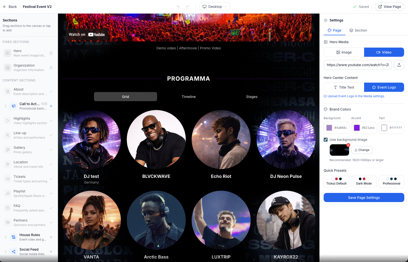 Page builder with lineup